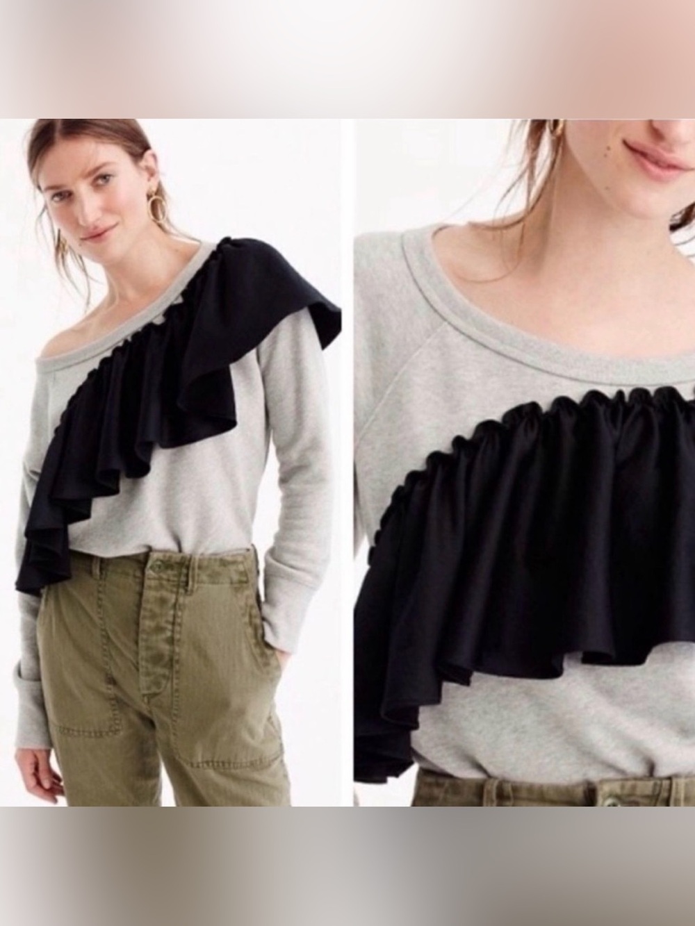 J CREW Gray Sweatshirt Top Black Satin Ruffle Detail Womens Size MEDIUM EUC